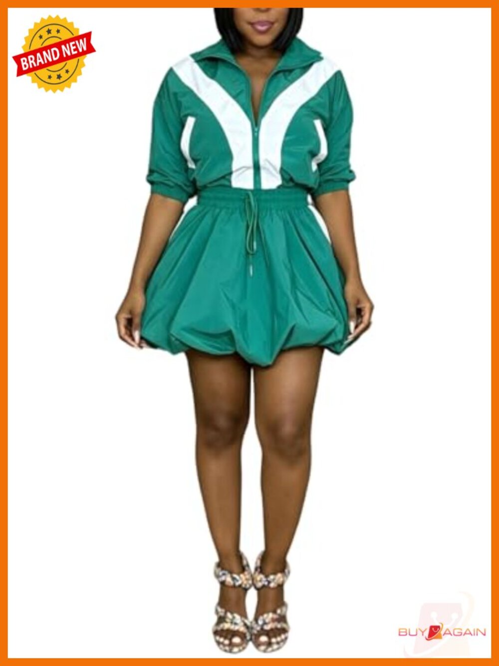 Striped Bubble Skirt Set Lightweight Zip-Up Jacket Matching Two Piece
